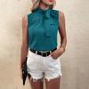 Summer 2022 Fashion Women Clothing Elegant Office Lady Sleeveless Blouse Solid Color Blue Tops Bow Shirt Blusa Mujer 24289