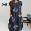 Женское летнее платье с коротким рукавом и круглым вырезом, с принтом в стиле ретро, с карманами, свободное тонкое платье, повседневная одежда на каждый день