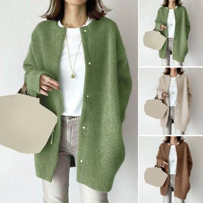 Женское пальто с круглым вырезом, длинным рукавом, однотонное, вязаное, верхняя одежда, однотонное