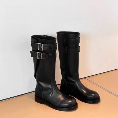 Коровья кожа Черный Красивая пряжка ремня Низкий каблук Высокий голенище Узкие ботинки-локомотивы Кожаные ботинки Круглый носок Рыцарские ботинки Женские ботинки