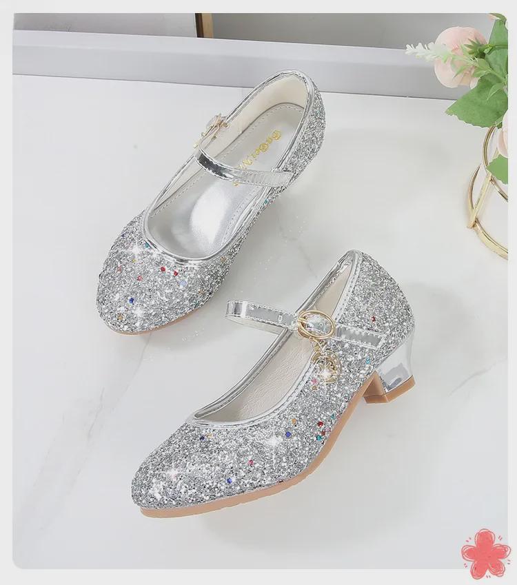2025 Spring Girls' Rhinestone Sequin Princess Shoes - Solid Color Strap Buckle for Children's Performances