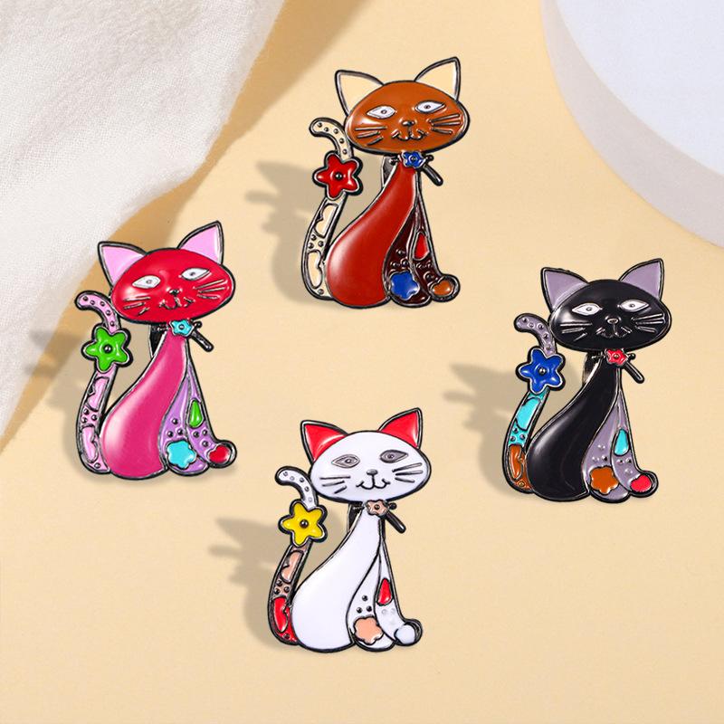 1 Pc Cute Oil Dripping Cat Brooch Cartoon Kitten Brooch Anti Walking Light Diamond Cat Brooch