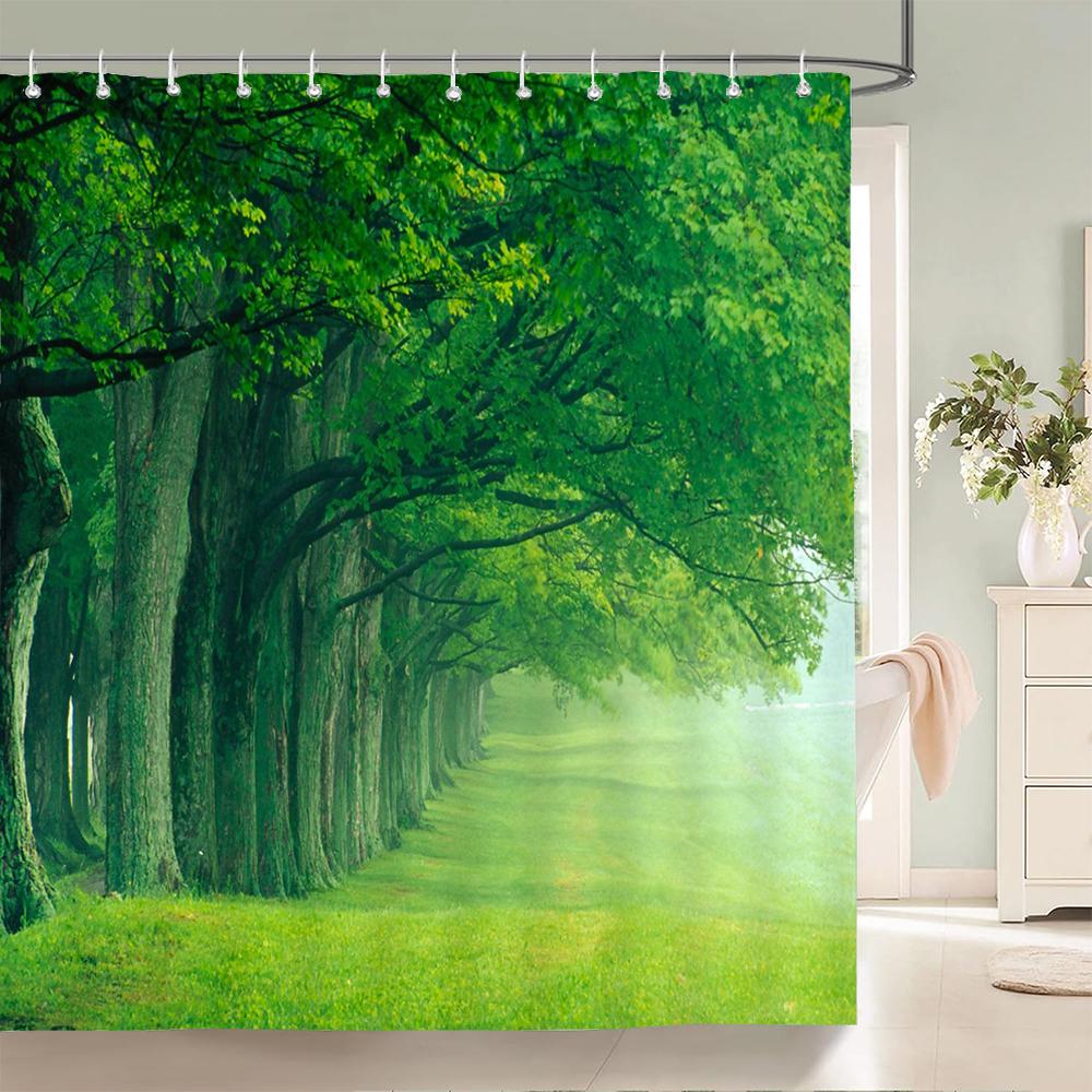 Modern 3D Printing Forest Shower Curtain Green Plant Tree Landscape Bath Curtain With Hooks For Bathroom Waterproof Scenery