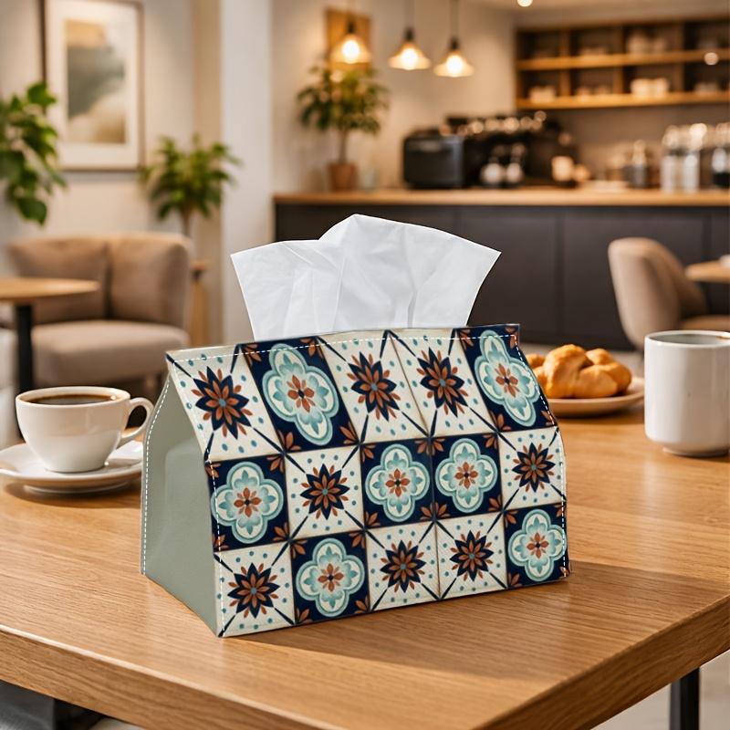 1pc Mediterranean Tile Tissue Holder - Floral Design Napkin Storage Container, Ideal for Rolls/Facial Tissues/Single Sheets, Versatile Storage Solutio