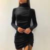Women's Loose Casual Solid Color Drawstring High Neck Dress With Long Sleeves And Tight Fitting Hip Hugging Dress