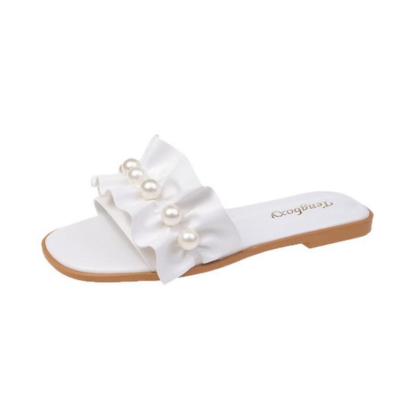 Тапочки с кружевом и жемчугом, женская одежда, плоская пляжная повседневная обувь, модные сандалии, лето 2024, новинка