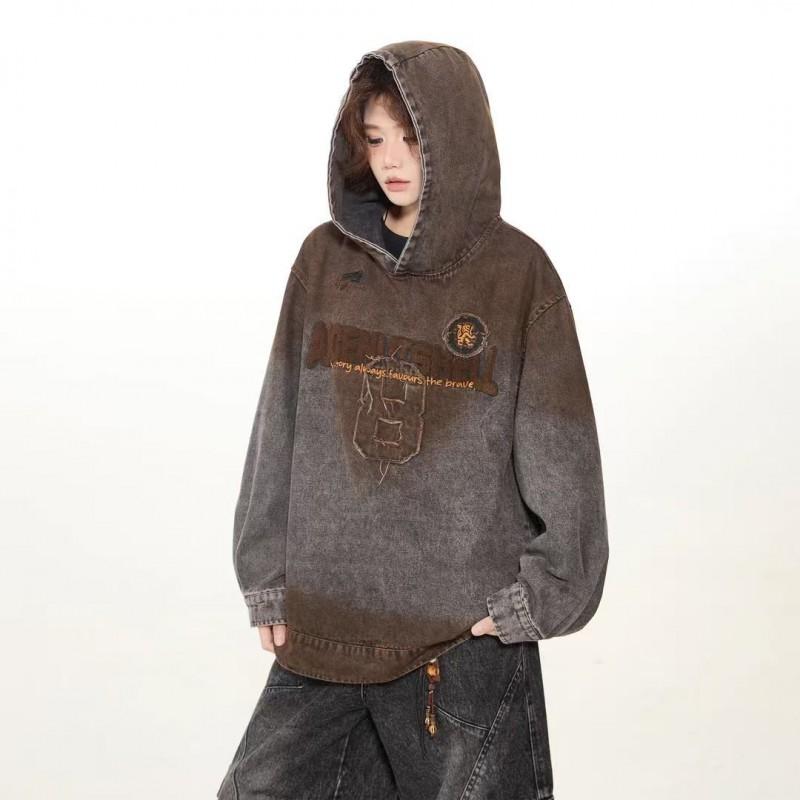 Early Vintage Embroidered Hooded Sweatshirt Loose Fit Men Women Casual Top