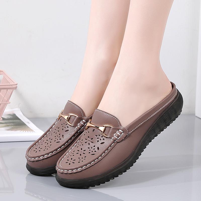 Women Soft Mules Loafers Slip On Slippers Casual Elegant Summer Breathable Leather Black Moccasin Shoes