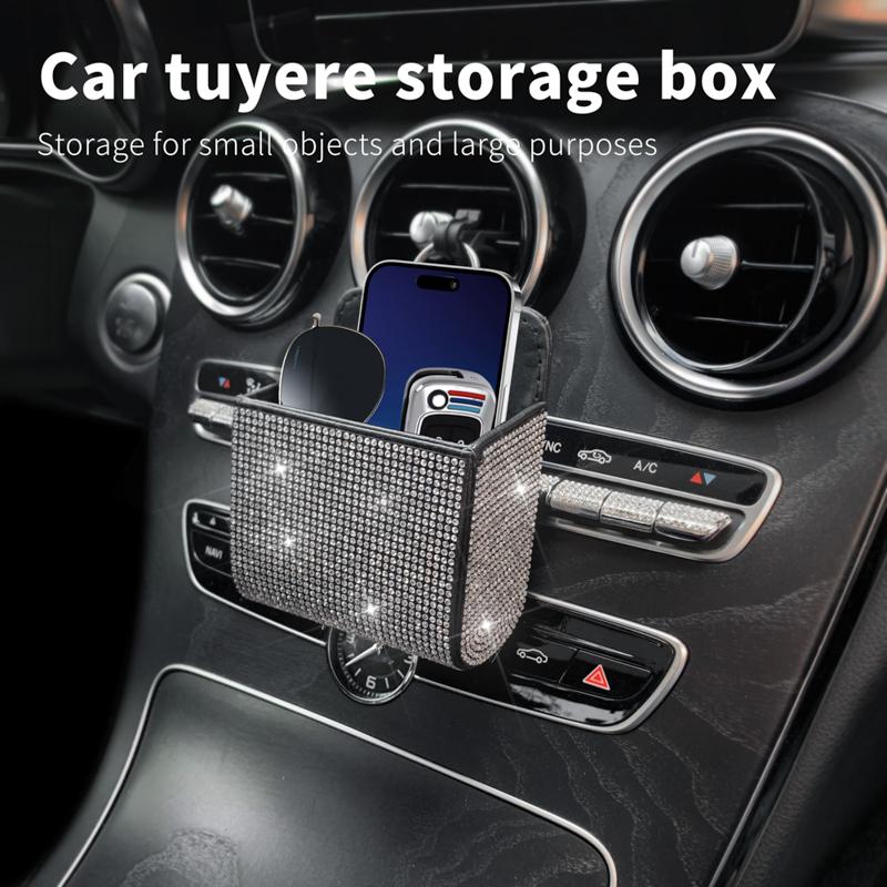 Crystal Diamond Car Vent Storage Box Auto Leather Organizer Cell Phone Glass Key Card Holder Decor Car Accessories for Women