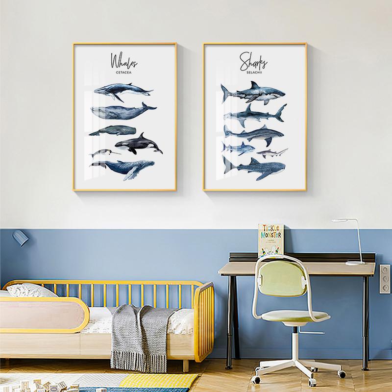 Холст с изображением скандинавских животных, настенный постер для детской комнаты, синий кит, акула, принт, картина, морская современная картина для гостиной, домашний декор