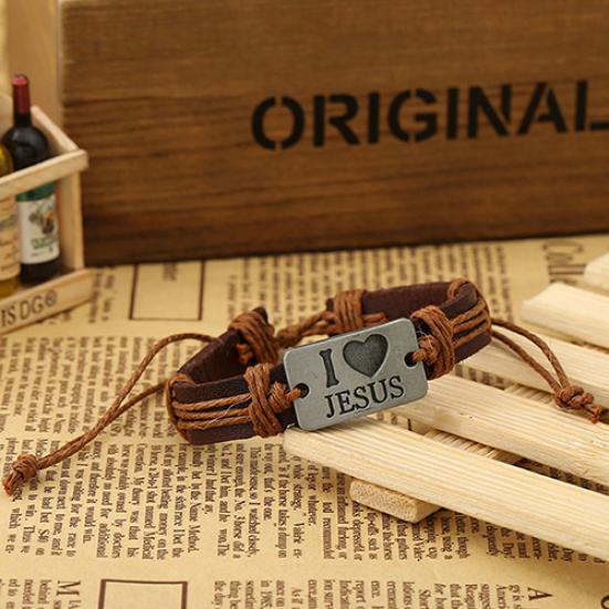 Унисекс I LOVE JESUS Браслет-манжета из искусственной кожи с плетеным шнурком из конопли, регулируемый