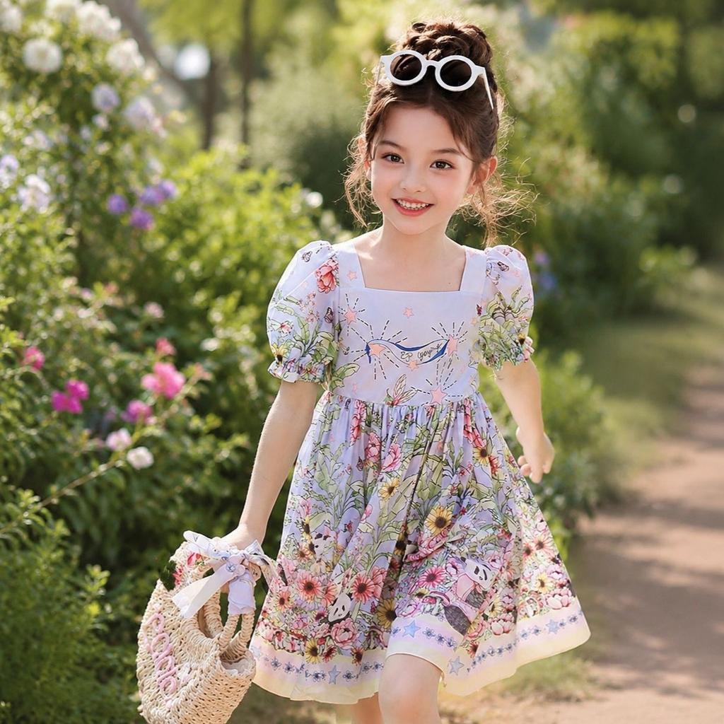 Girls Summer Lightweight Princess Dress with Panda Print and Puff Sleeves