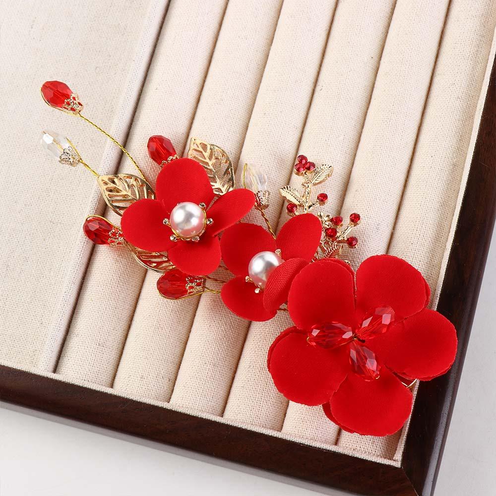 New Year Red Flower Festival Hairpins Women Barrettes Chinese Hanfu Hair Clips Duckbill Clips