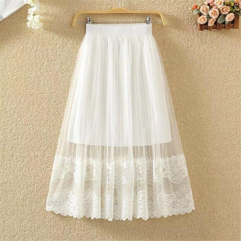 Woman's Mid-length Yarn Skirt Elastic Waist Printed Lace High Waist A-line Skirt Pleated Skirt Work Travel