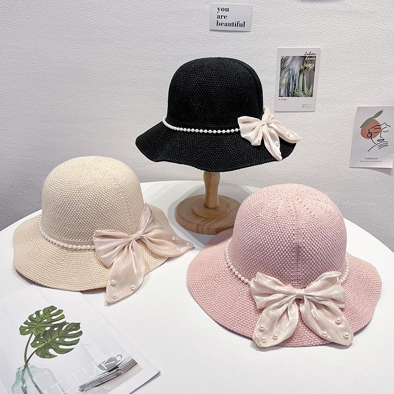 Women's Hat Summer Beach Tourism Vacation Pearl Bow Straw Hat Sunscreen Sun Hat Elegant Sunshade Hat