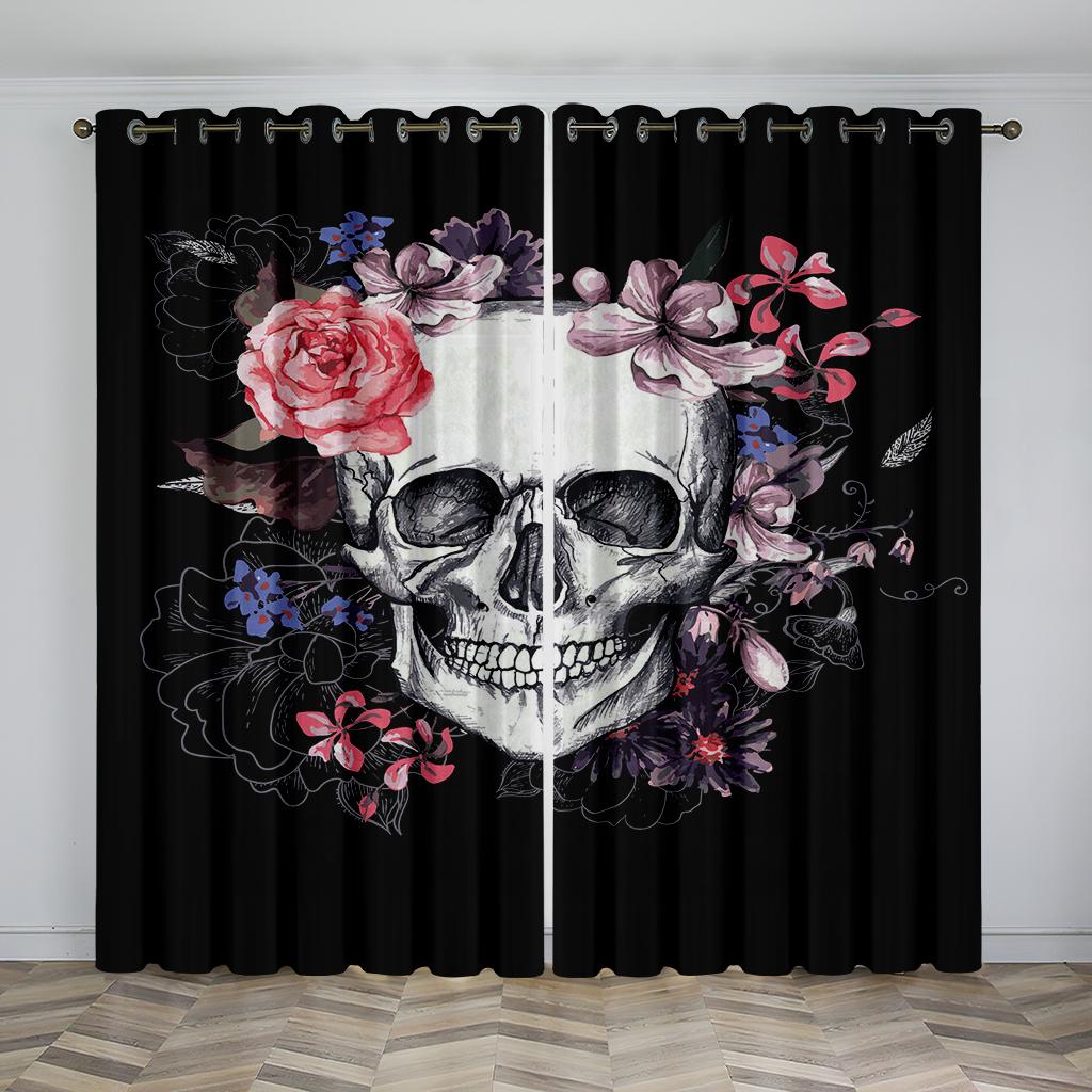 Personality 3D Printed Ebony Mystery Skull Rose Drapes 2 Panel Livingroom Space Bedchamber Balcony Study Decorative Drapes