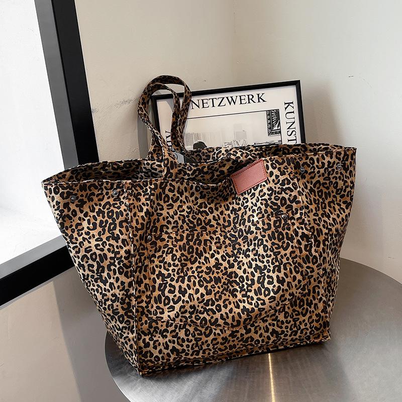 Niche Leopard Print Canvas Tote Bag Women's Bag Casual Large Capacity Fashion Handbag Korean Version Foreign Style Shoulder Messenger Bag