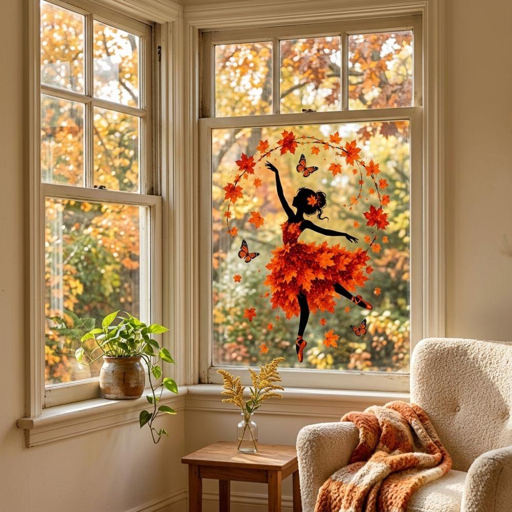 Aesthetic Autumn Ballerina Window Cling Maple Leaf Butterfly Glass Decal Indoor & Outdoor