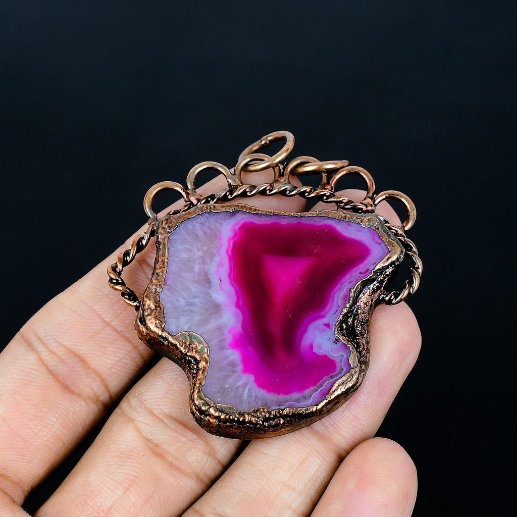 Pink Solar Druzy Pendant Gemstone Jewelry, Copper Electroformed Pendant, Gift For Women Handmade Pendant