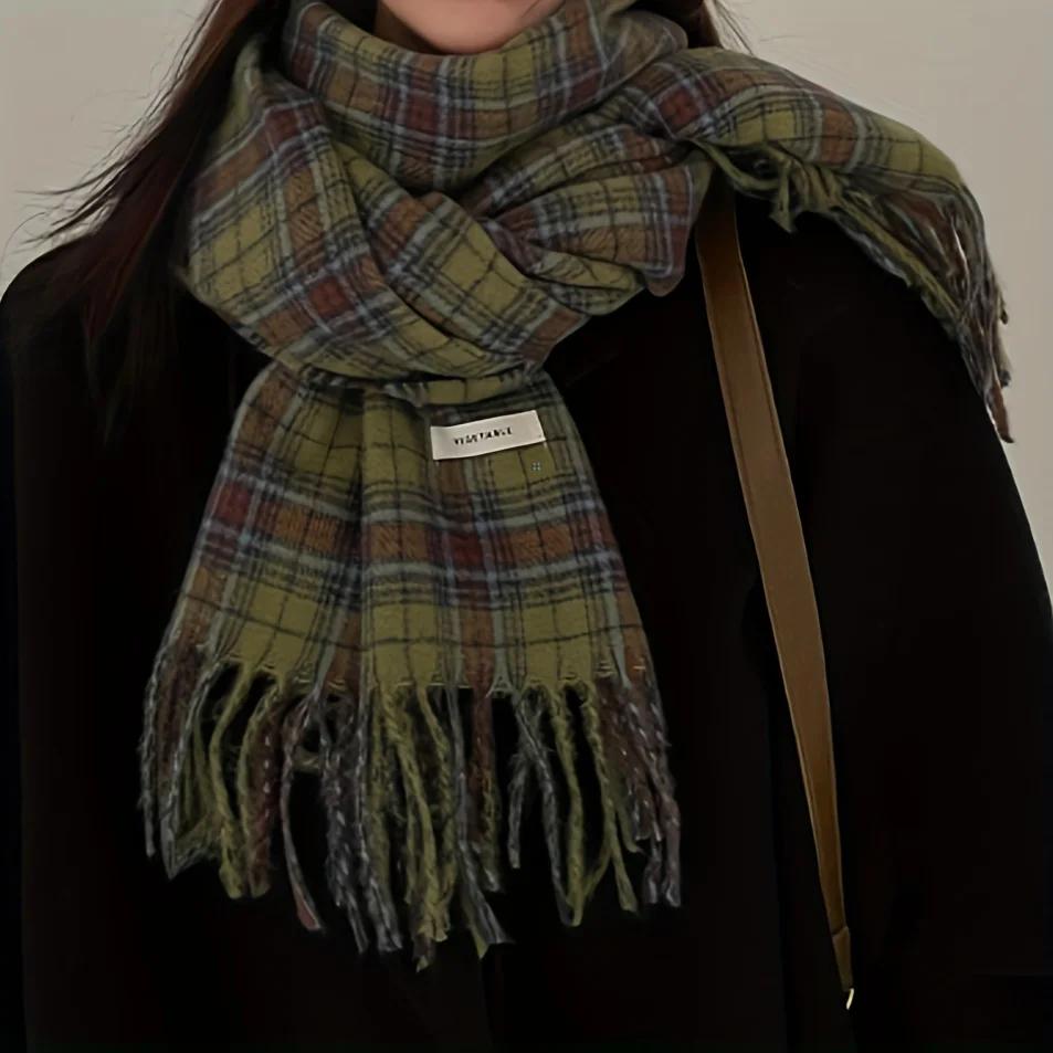 Vintage Green Plaid Tassel Scarf Women Imitation Cashmere Thickened Warmth Autumn Winter Shawl Wrap Scarves