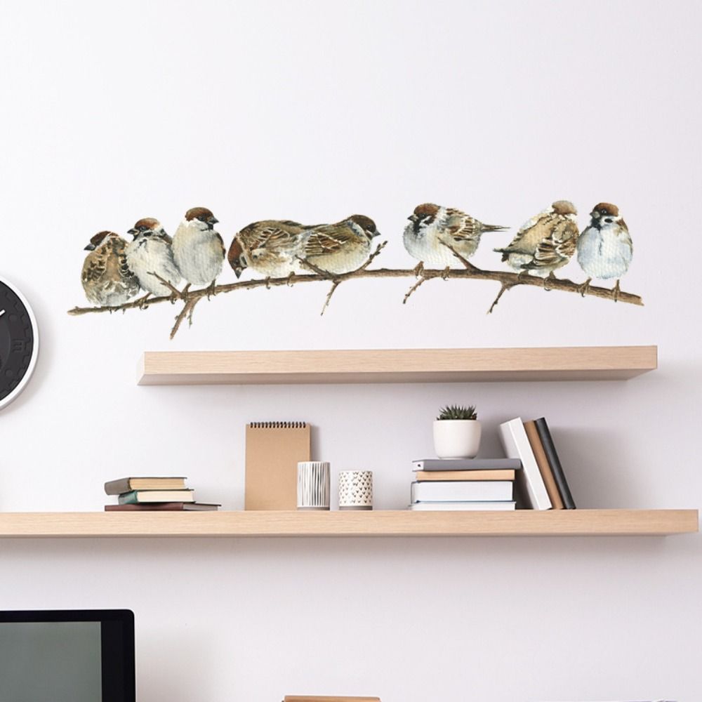 Самоклеящиеся наклейки с изображением птиц в ветке, акварельные воробьи, наклейка для милой гостиной