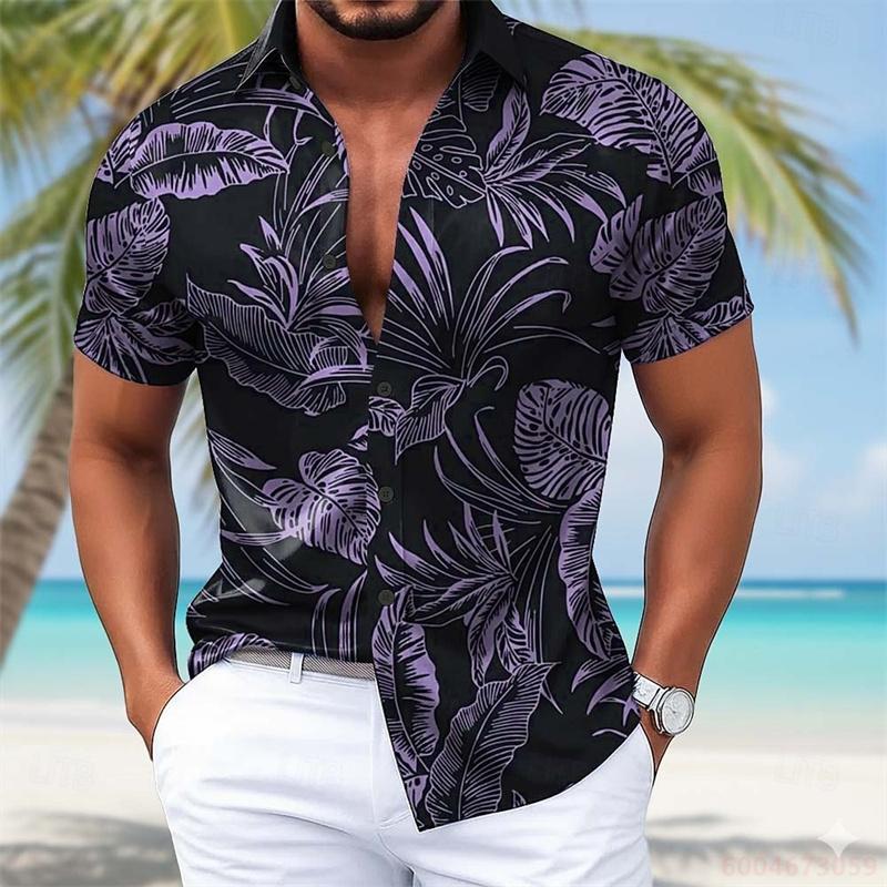 Summer Lightweight Men's Collared Shirt, Gradient Wavy Print, Stylish Casual Vacation Loose Hawaiian Style Men's Shirt, XS-6XL