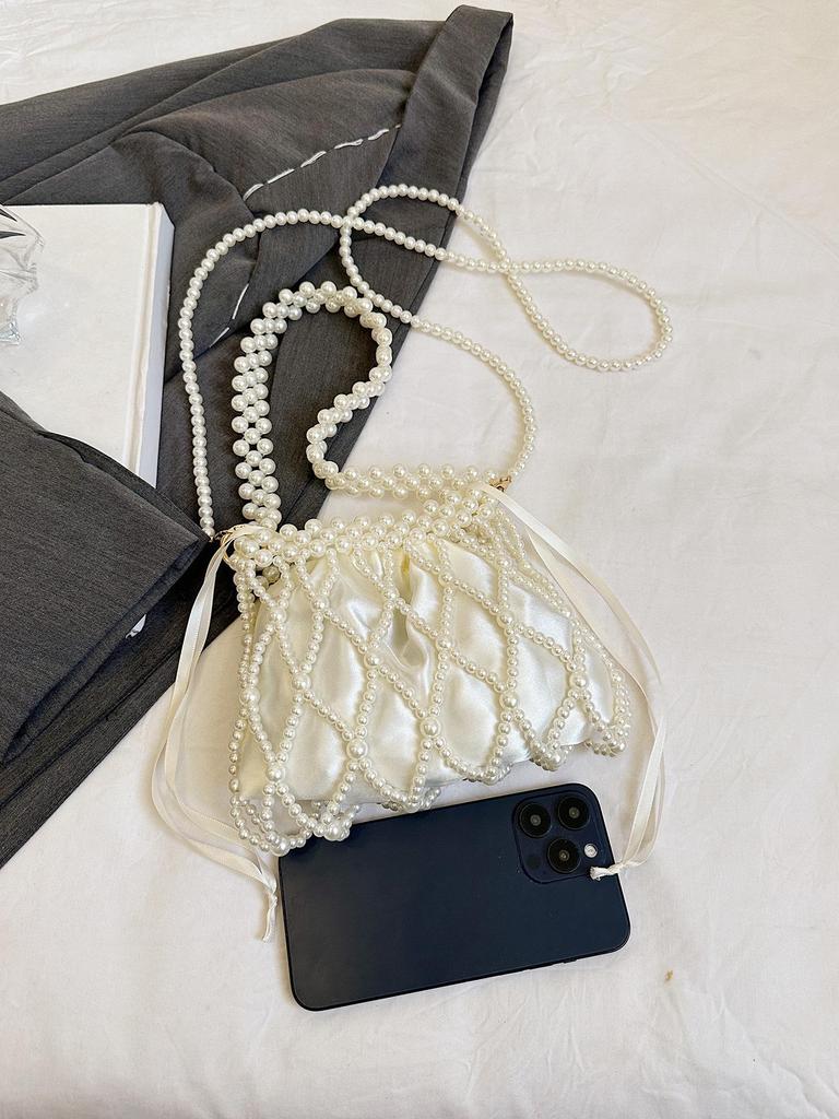 French Pearl Handbag: Elegant Women's Beaded Evening Bag, Large Capacity, Handmade Woven Shoulder Bag.