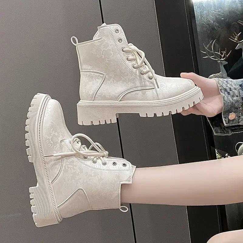 Женские ботильоны со шнурками, ботинки на шнуровке, зима 2024, большие размеры, теплые женские короткие туфли, мода, осень-весна, тренд, ПУ, популярный