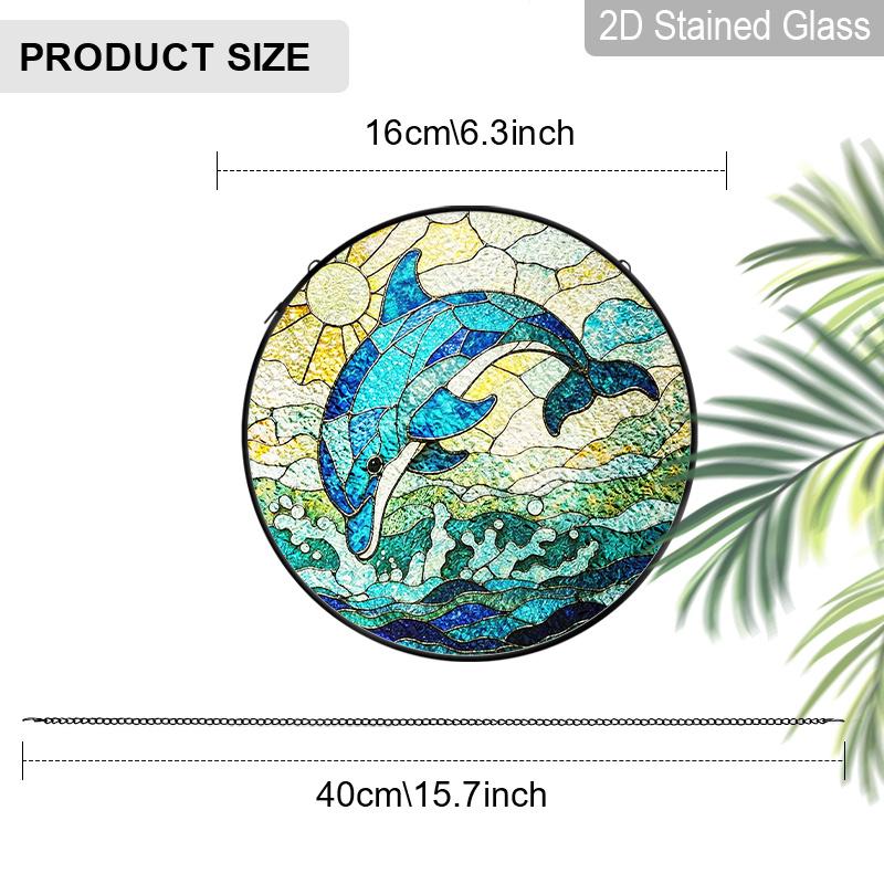 2D Flat Stained Glass Blue Dolphin Window Decoration, 6.3/7.87inches Ocean Theme Colored Glass Plate with Chain, Charming Indoor/Outdoor Sun Catcher