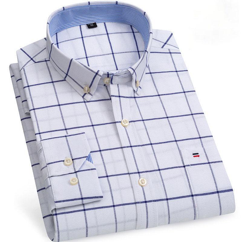 Oxford Men Fashion 100% Cotton Thin Long Sleeve Casual Slim Solid Color Plaid Print Stripe Formal Dress Shirt Plus Size
