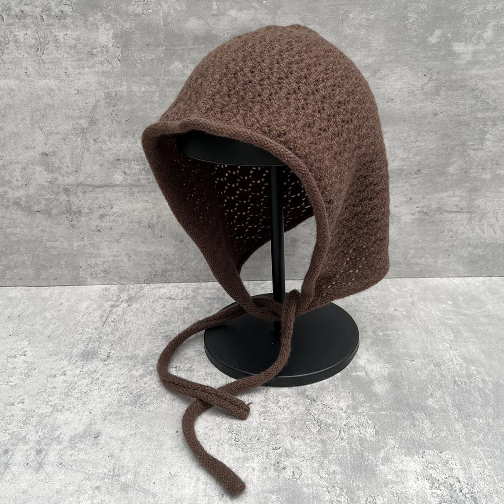 Autumn wool hollow knitted hat women's versatile face small wool hat princess hat warm lace-up ear hat