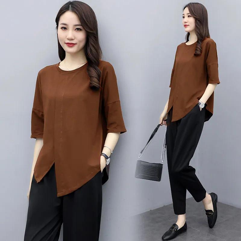 Женский летний комплект больших размеров для старения, тонкая футболка с круглым вырезом и брюками, повседневный комплект из двух предметов