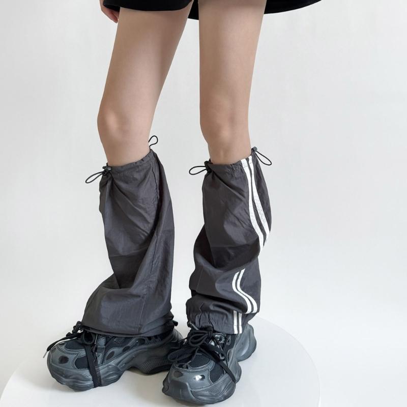 Fashion Drawstring Cargo Leg Warmers for Women Harajuku Side Double Striped Baggy Leg Covers Footless Socks Streetwear
