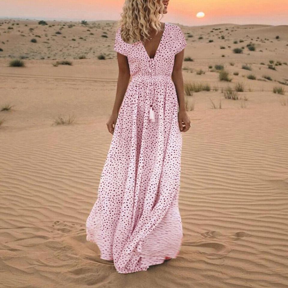 Summer Women's Beach Holiday V Neck Long Maxi Dress Ladies Boho Holiday Sundress