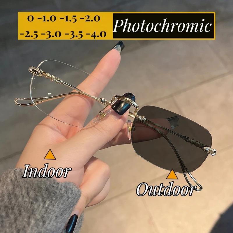 Новые модные фотохромные очки для близоруких Винтажные без оправы Квадратные Солнцезащитные очки с защитой от синего света и УФ-излучения Оптические очки с диоптриями