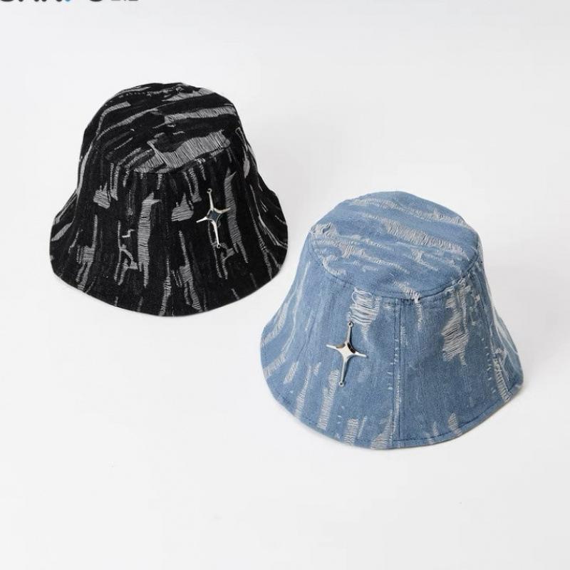 New washed old denim bucket hat female versatile Internet celebrities show washbasin hat big head circumference bucket