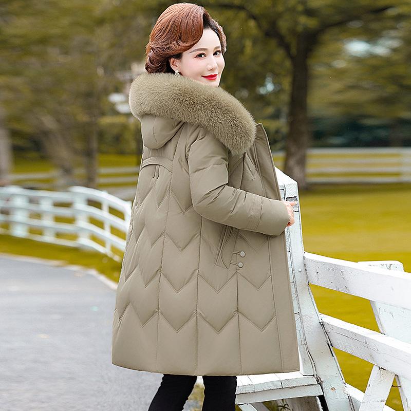 Мамина пуховая куртка средней длины большого размера выше колена толстая теплая и стильная зимняя куртка