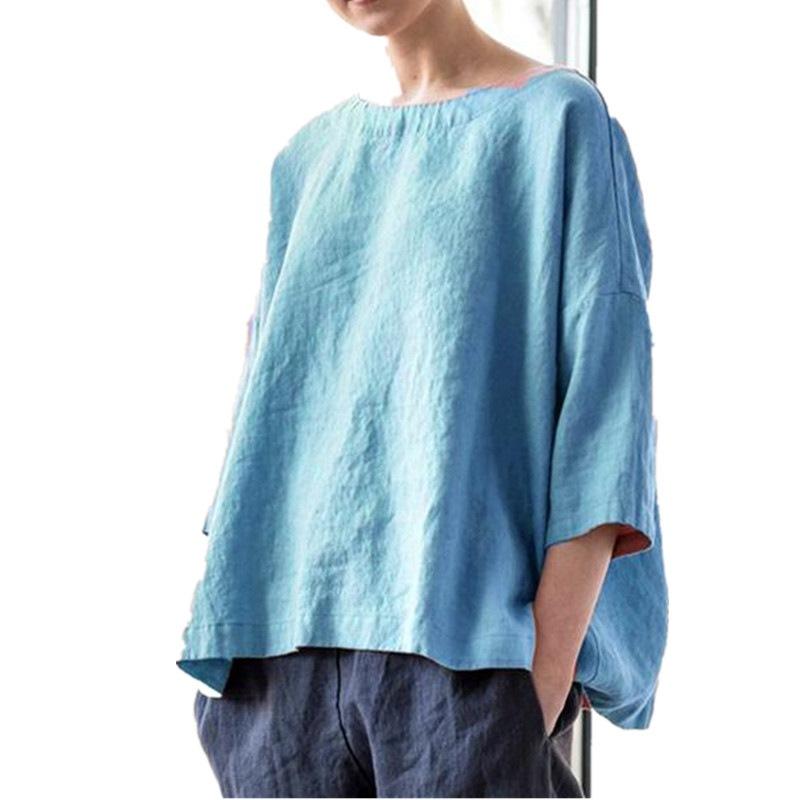 Summer Women's Round Neck T-shirt Cotton and Linen Loose Top Retro Three-quarter Sleeve Blouse Top
