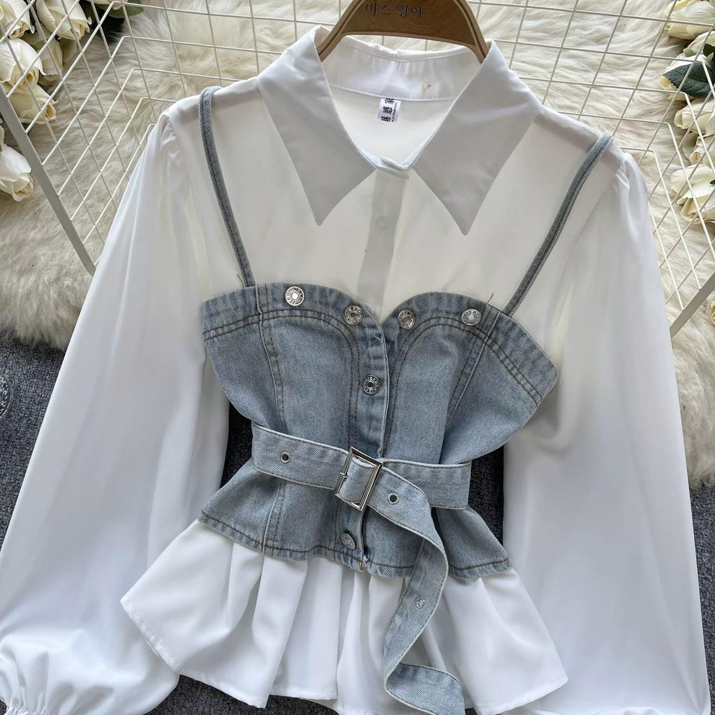 Korean Series Wear Age-Reducing Set Retro Denim Cami Stacked All-Matching Puff Sleeve Shirts Two-piece Set Top