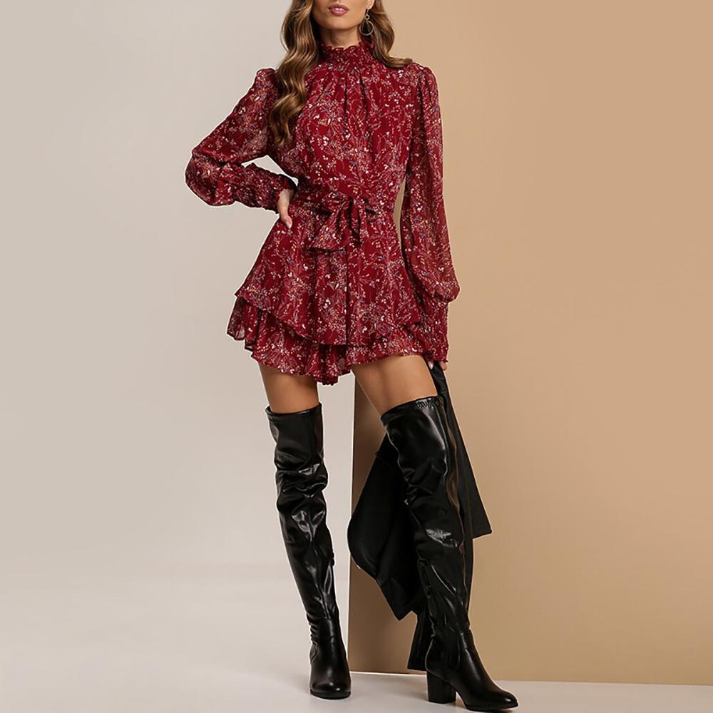 Women Winter Stylish Style Floral Waist-hugging Lace-up Pleated Ruffled Dress