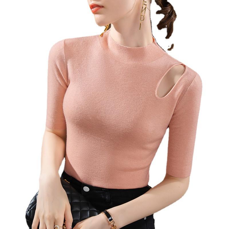 Женская вязаная базовая рубашка с полувысоким воротником, новинка женской одежды, сексуальный ажурный свитер со средним рукавом, тонкий внутренний топ