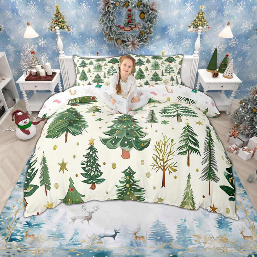 Homewish Watercolor Xmas Tree Duvet Cover Set for Girls Boys, Merry Christmas Bedding Set, New Year Gifts Quilt Cover Set