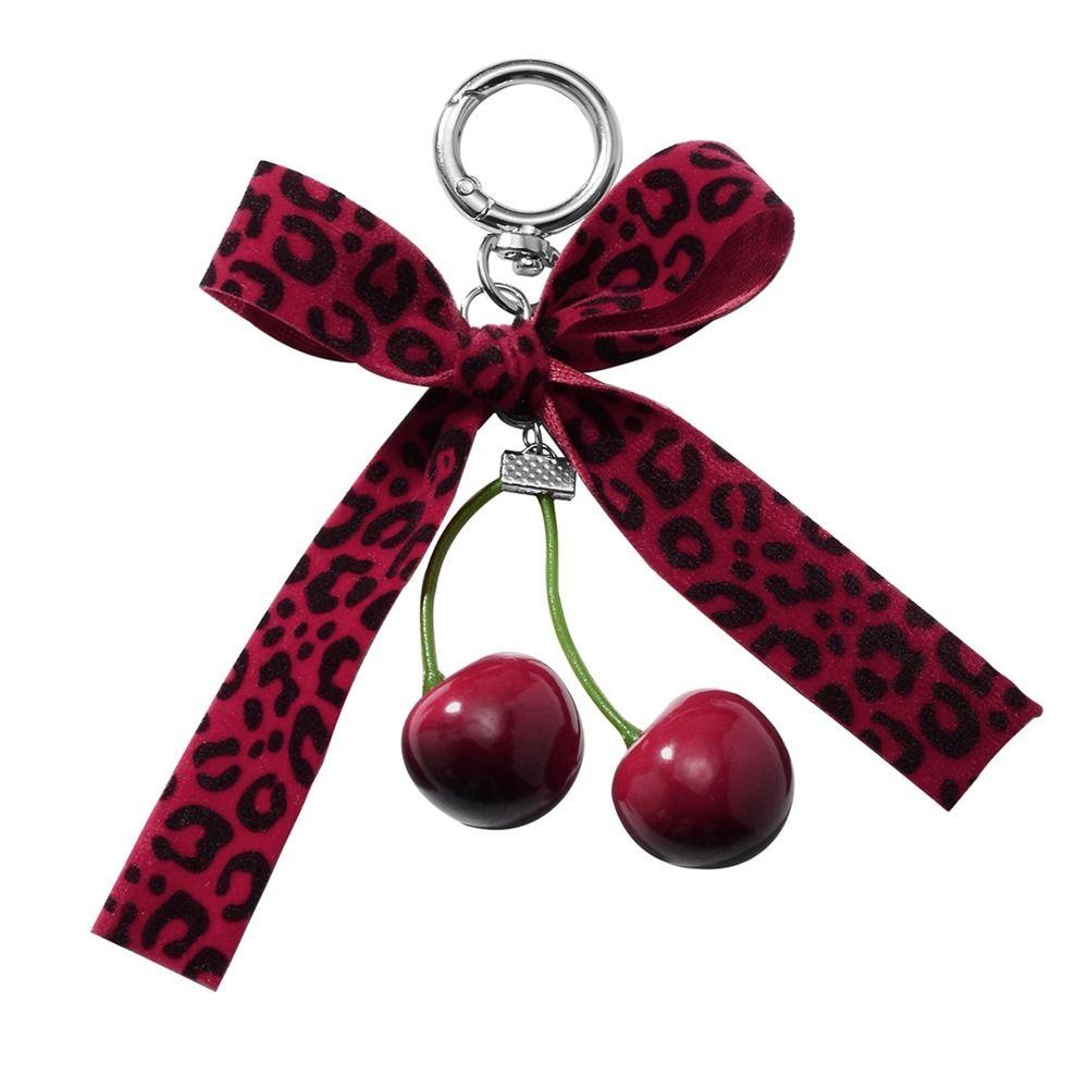 Leopard Pattern Cherry Pendant Mesh Pearl Bow Pendant Girl Keychain Heart Phone Chains Women Girls