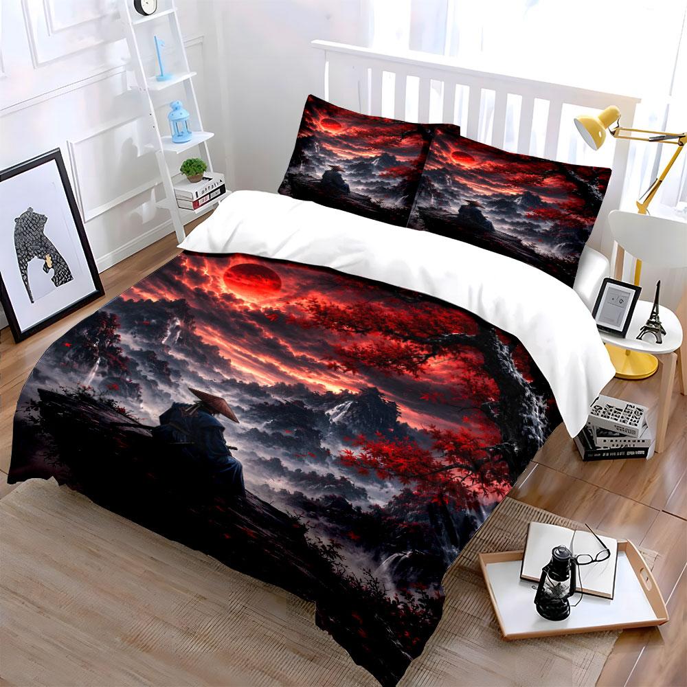 Samurai Under Red Moon Scene Bedding Duvet Cover Set (1*Duvet Cover 2*Pillowcases, without duvet insert)