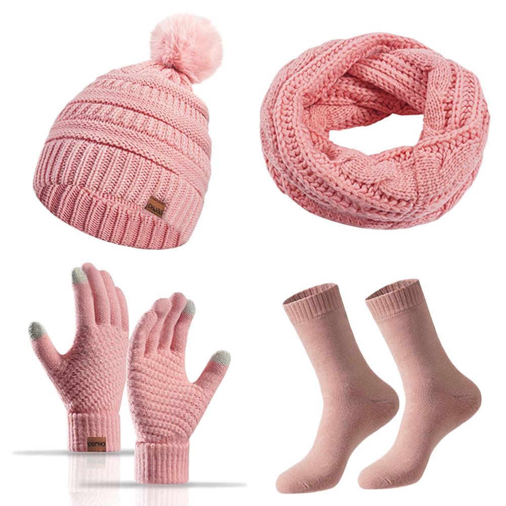 4Pcs/Set Soft Knitted Hat Ear Protection Winter Warm Mitten Gift Beanie Cap Scarf for Men Women