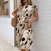 Women's Midi Dress Round Neck Short Sleeve Dress Casual Floral Printed A-Line Dress with Belt