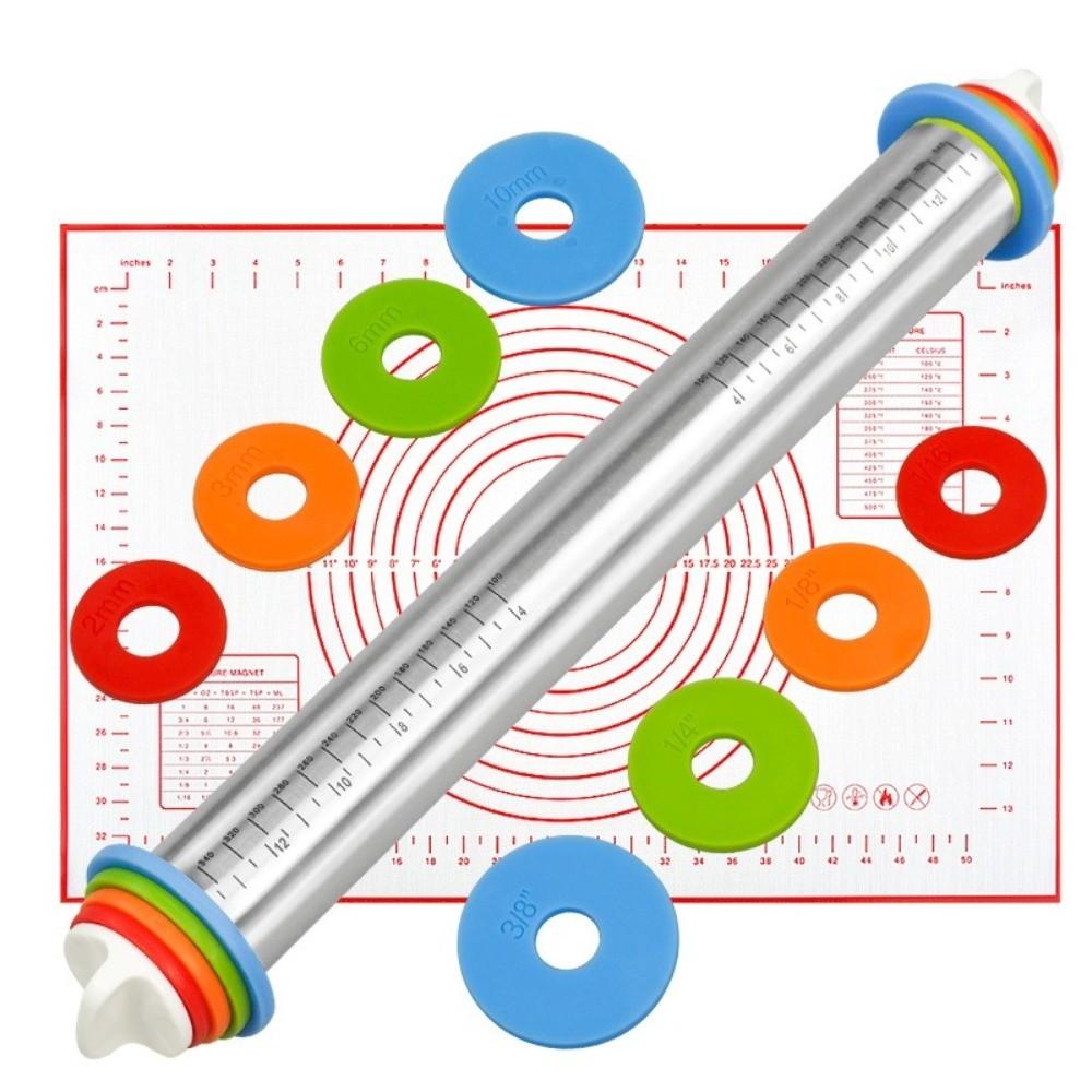 Съемные кольца, Нержавеющая сталь, Скалка, Регулируемая толщина, Силиконовый коврик для замешивания, Антипригарная, Гладкая поверхность