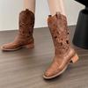 Brown Retro Western Cowboy Boots Women's 2025 New Hollow Mid Boots Embroidered Knight Boots Thick Heel Martin Boots