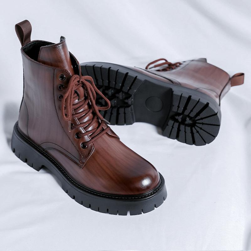Повседневная кожаная мужская обувь хайтопы, толстая подошва, мужские мотоботы на шнуровке, однотонные полусапоги до середины икры, ботильоны, теплая плюшевая меховая обувь