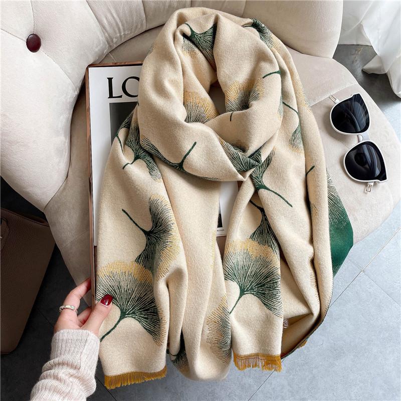 Luxury Brand Flower Print Winter Scarf Women Cashmere Warm Pashmina Foulard Female Scarves Long Blanket Thick Soft Shawls Wraps